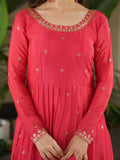 Fascinating Peach Zari Embroidered Chinon Festival Wear Gown