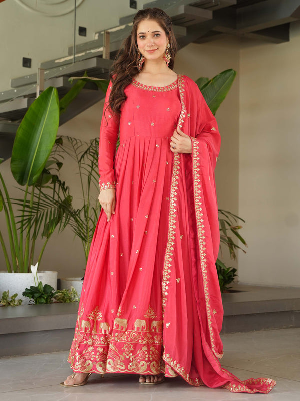 Fascinating Peach Zari Embroidered Chinon Festival Wear Gown