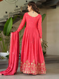 Fascinating Peach Zari Embroidered Chinon Festival Wear Gown