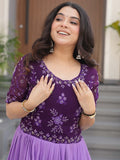 Wonderful Purple Floral Printed Work Georgette Event Wear Gown
