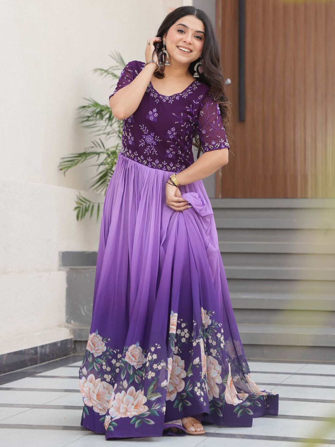 Wonderful Purple Floral Printed Work Georgette Event Wear Gown