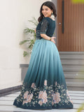 Marvelous Teal Blue Floral Printed Georgette Festival Wear Gown