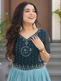 Marvelous Teal Blue Floral Printed Georgette Festival Wear Gown