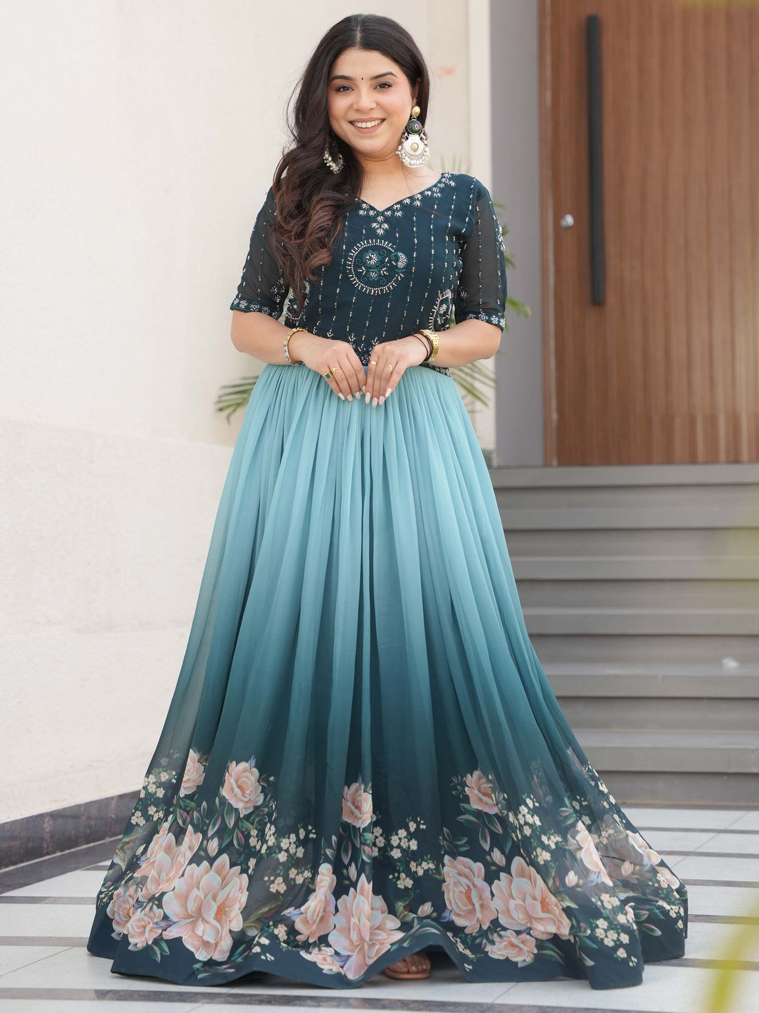 Marvelous Teal Blue Floral Printed Georgette Festival Wear Gown