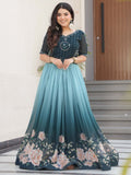 Marvelous Teal Blue Floral Printed Georgette Festival Wear Gown