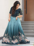 Marvelous Teal Blue Floral Printed Georgette Festival Wear Gown