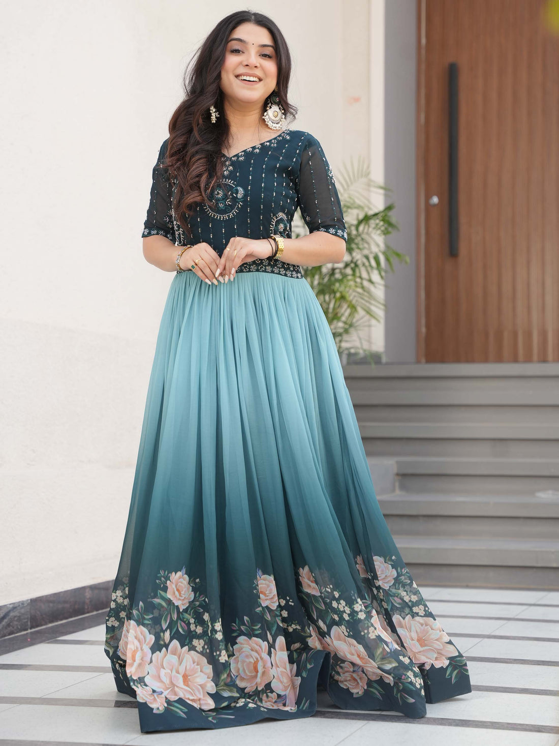 Marvelous Teal Blue Floral Printed Georgette Festival Wear Gown