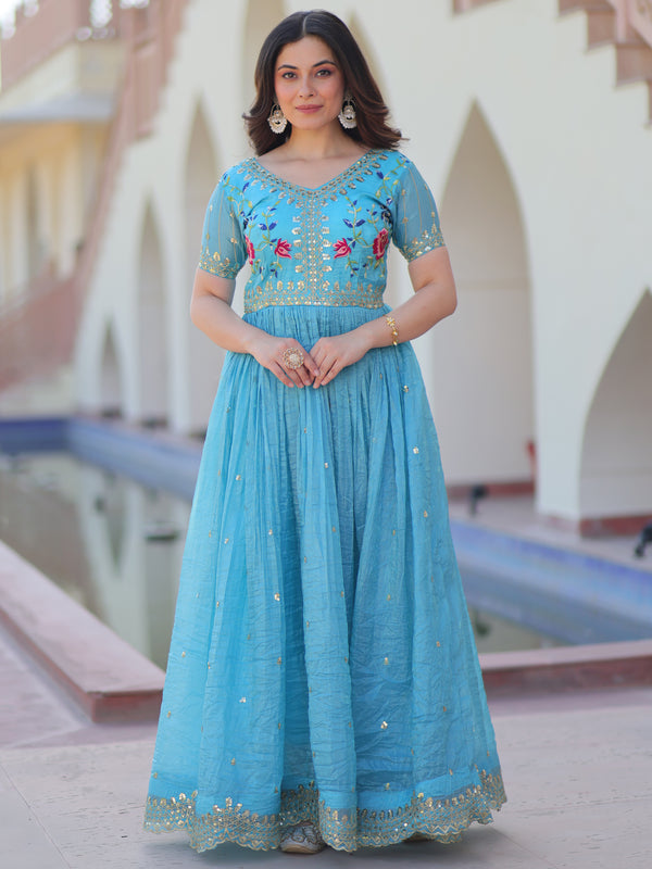 Astonishing Sky-Blue Sequins Chinon Festival Wear Gown