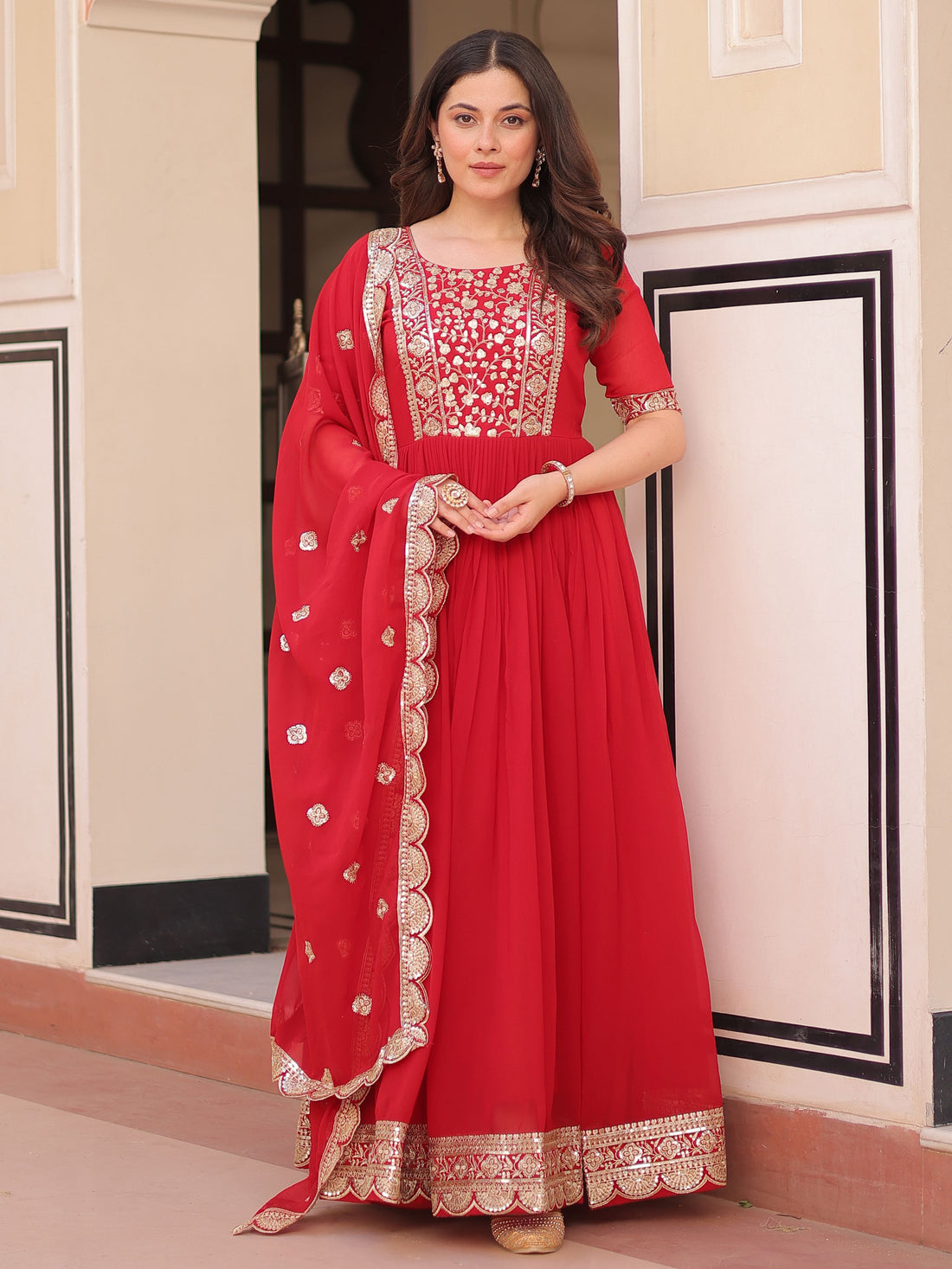 Fascinating Red Zari Embroidered Georgette Wedding Wear Gown With Dupatta