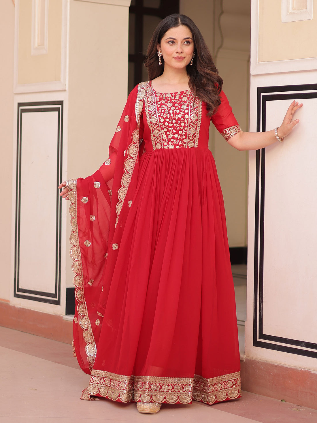 Fascinating Red Zari Embroidered Georgette Wedding Wear Gown With Dupatta