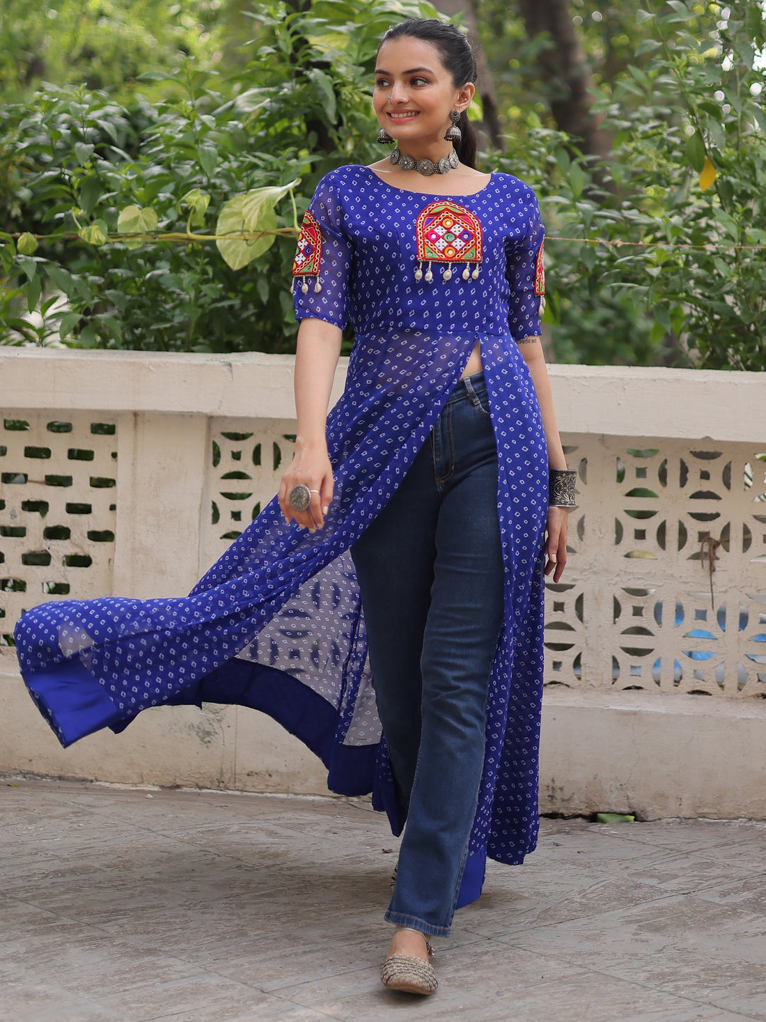 Tantalizing Blue Bandhani Printed Georgette Navratri Wear Side Slit Kurti