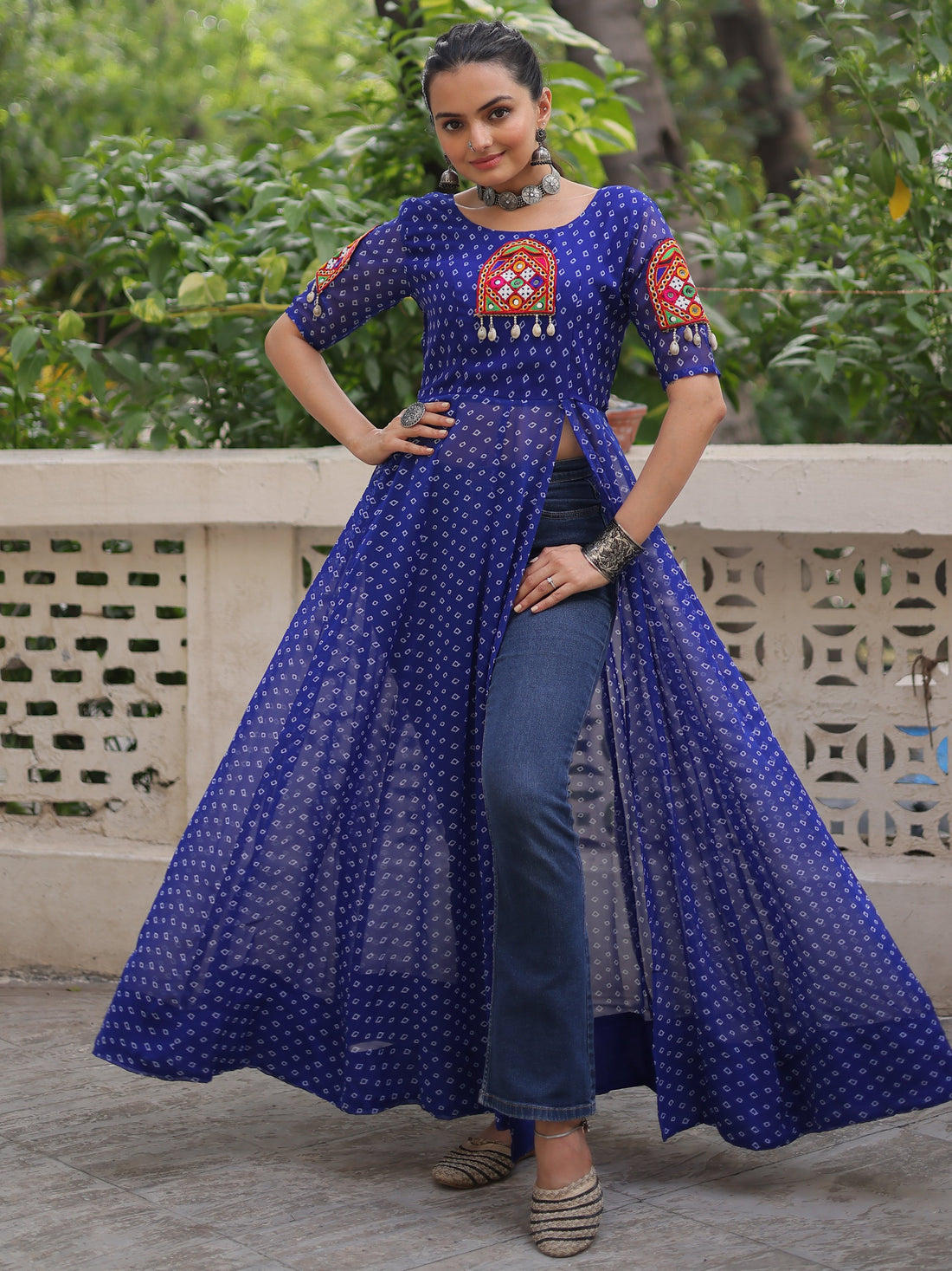 Tantalizing Blue Bandhani Printed Georgette Navratri Wear Side Slit Kurti