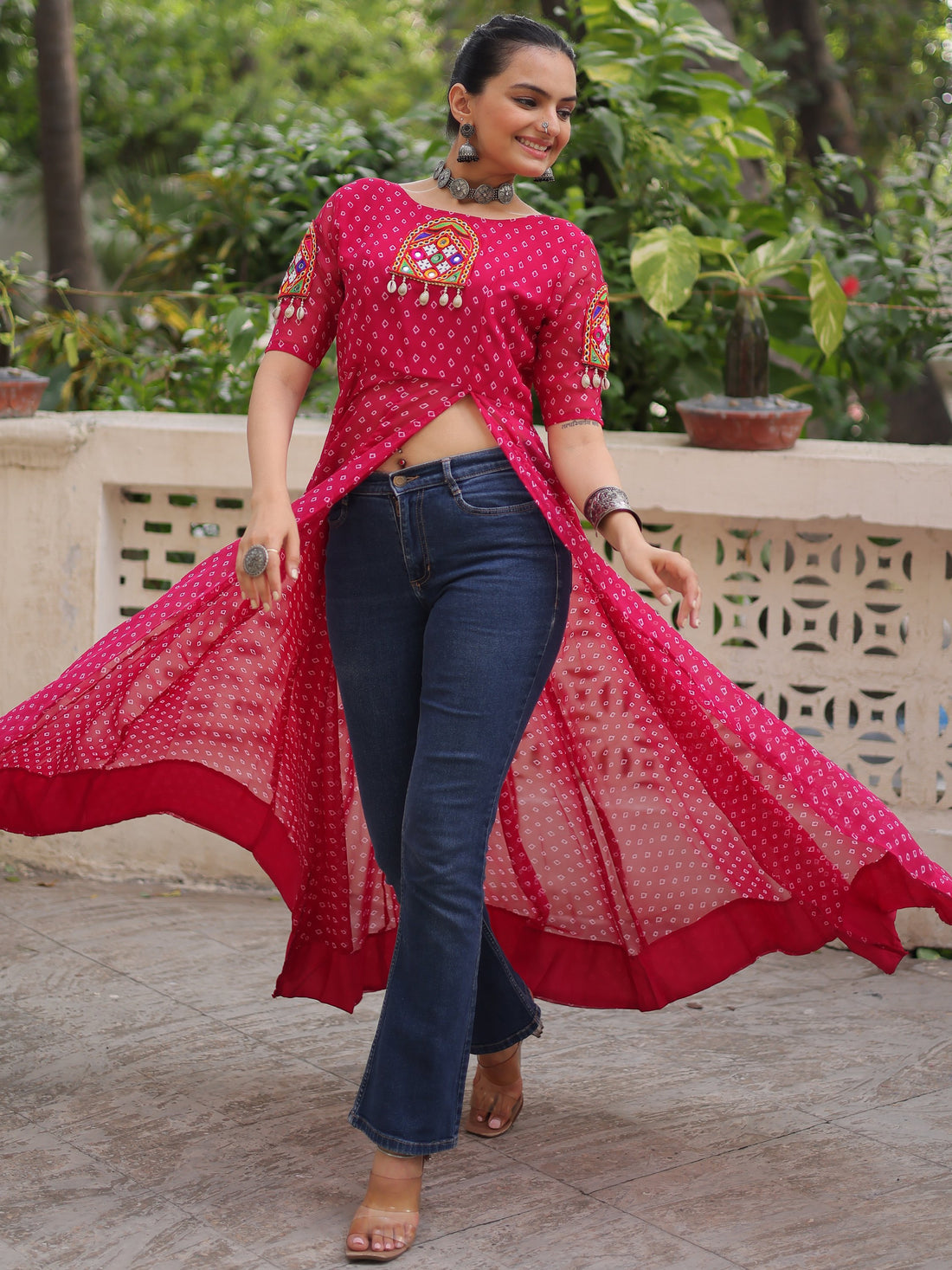 Incredible Red Kutchi Patch Work Georgette Traditional Side Slit Kurti
