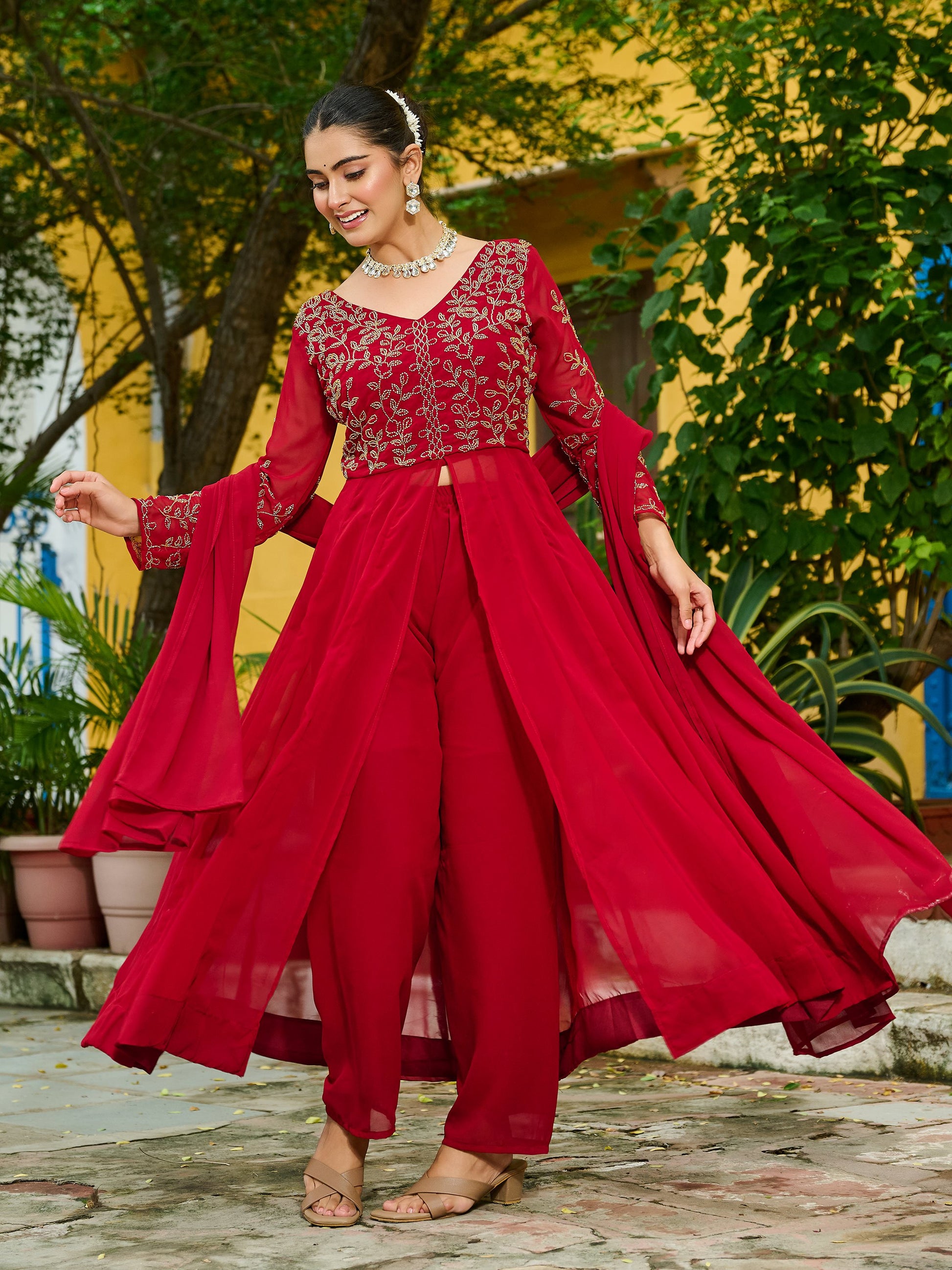 Bewitching Maroon Bead Work Georgette Wedding Wear Pant Suit With Dupatta