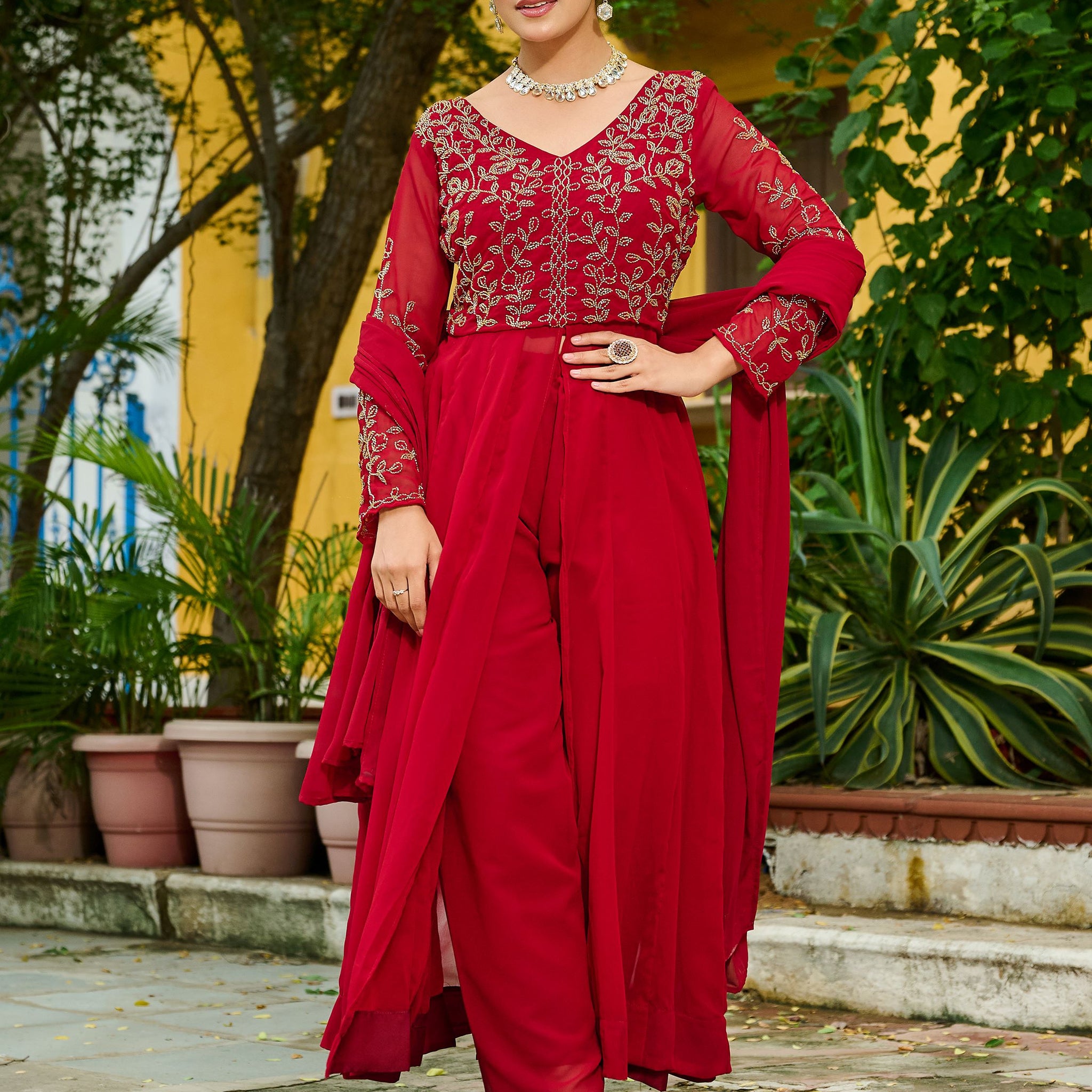 Bewitching Maroon Bead Work Georgette Wedding Wear Pant Suit With Dupatta