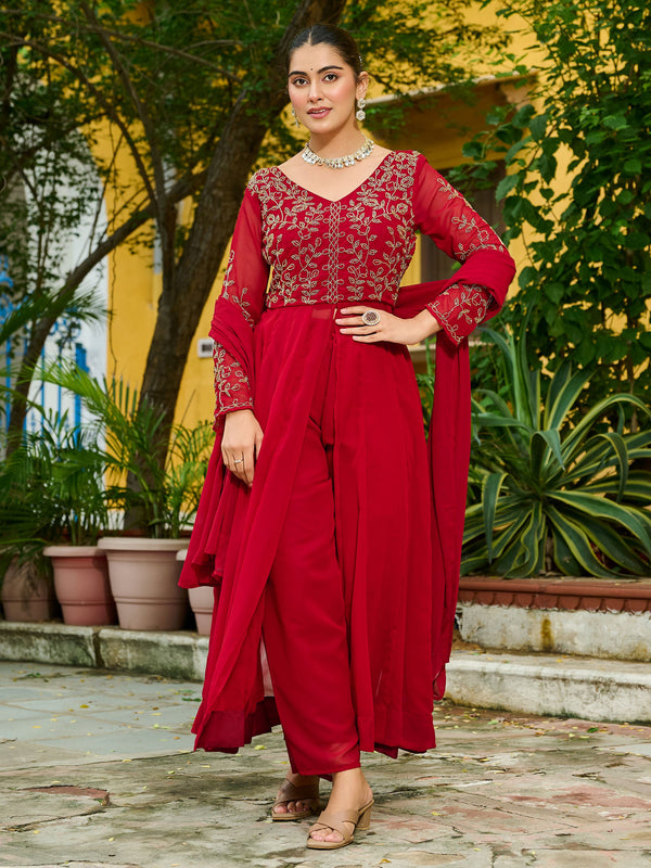 Bewitching Maroon Bead Work Georgette Wedding Wear Pant Suit With Dupatta