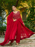 Bewitching Maroon Bead Work Georgette Wedding Wear Pant Suit With Dupatta