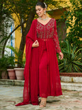 Bewitching Maroon Bead Work Georgette Wedding Wear Pant Suit With Dupatta