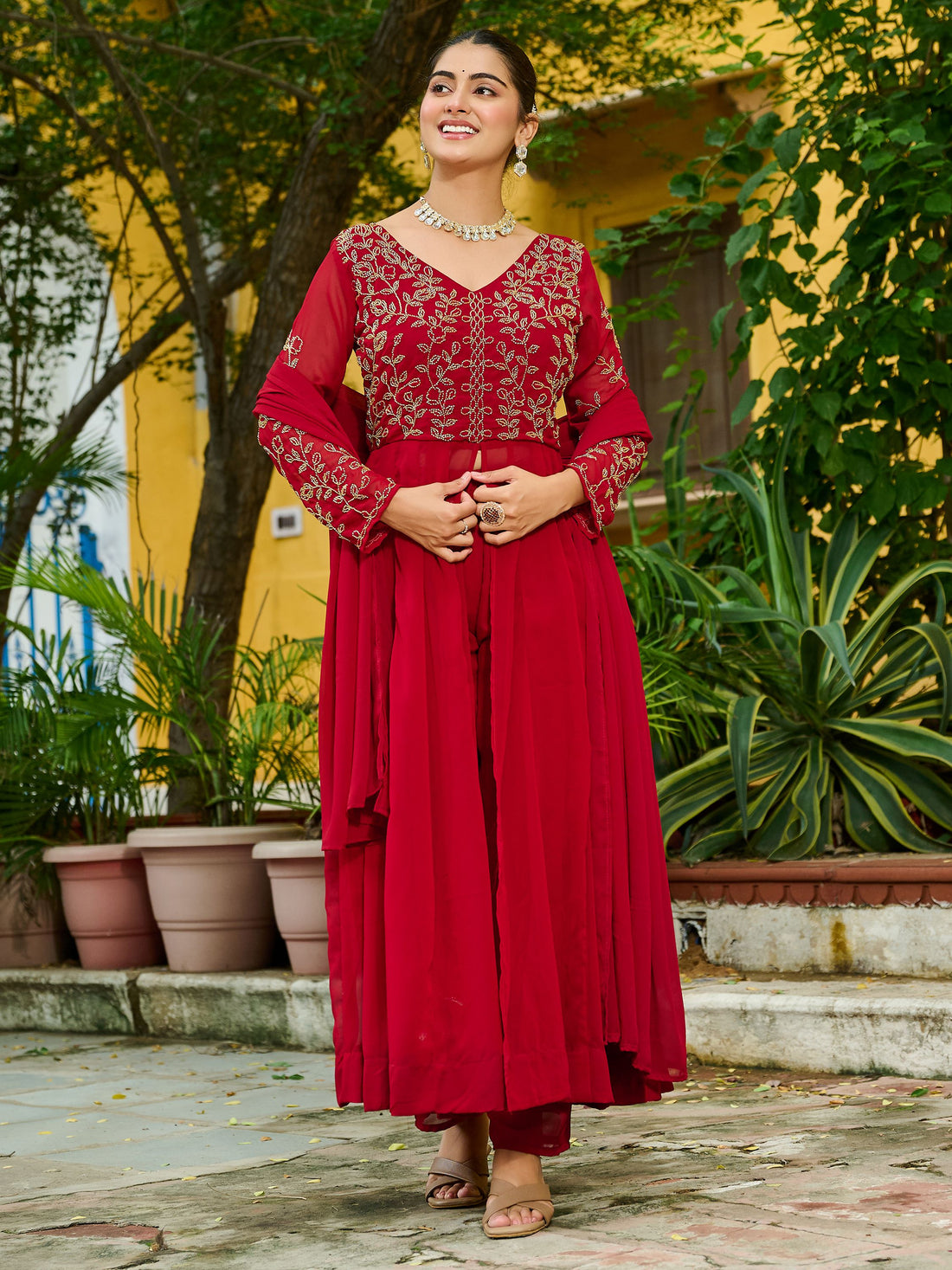 Bewitching Maroon Bead Work Georgette Wedding Wear Pant Suit With Dupatta