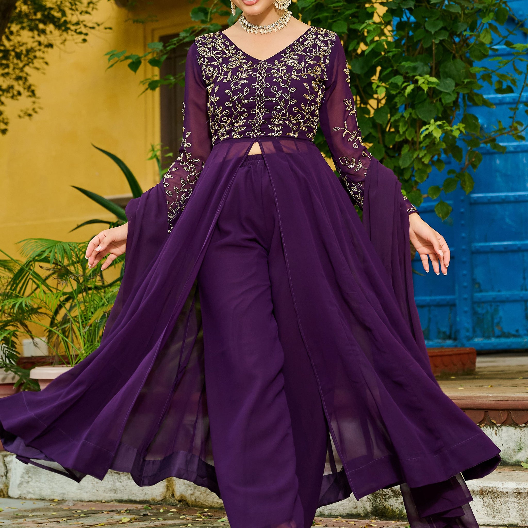 Stunning Purple Bead Work Georgette Festive Wear Pant Suit With Dupatta