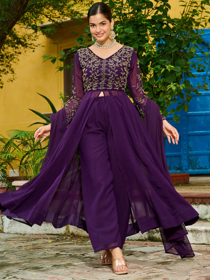 Stunning Purple Bead Work Georgette Festive Wear Pant Suit With Dupatta