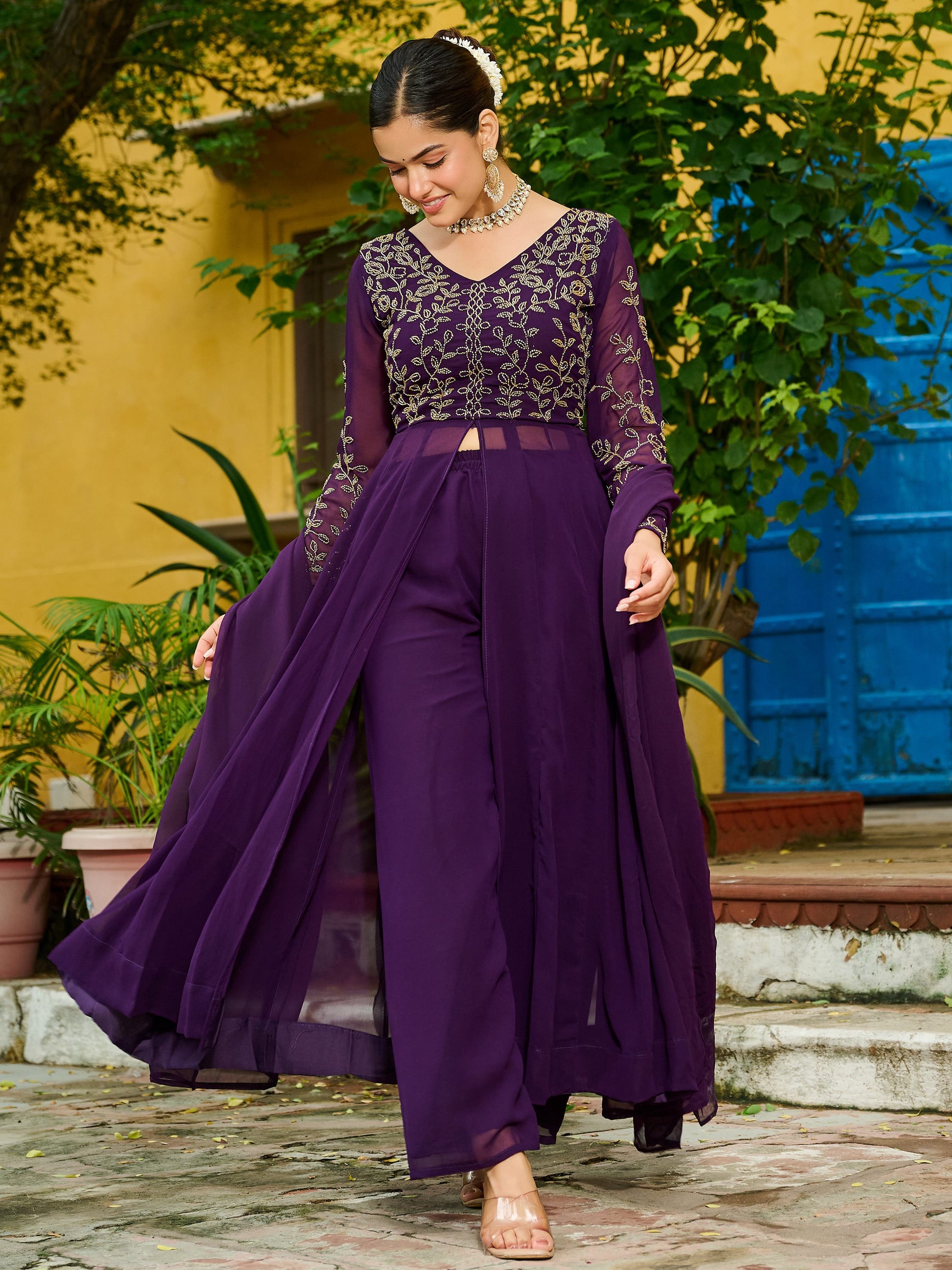 Stunning Purple Bead Work Georgette Festive Wear Pant Suit With Dupatta