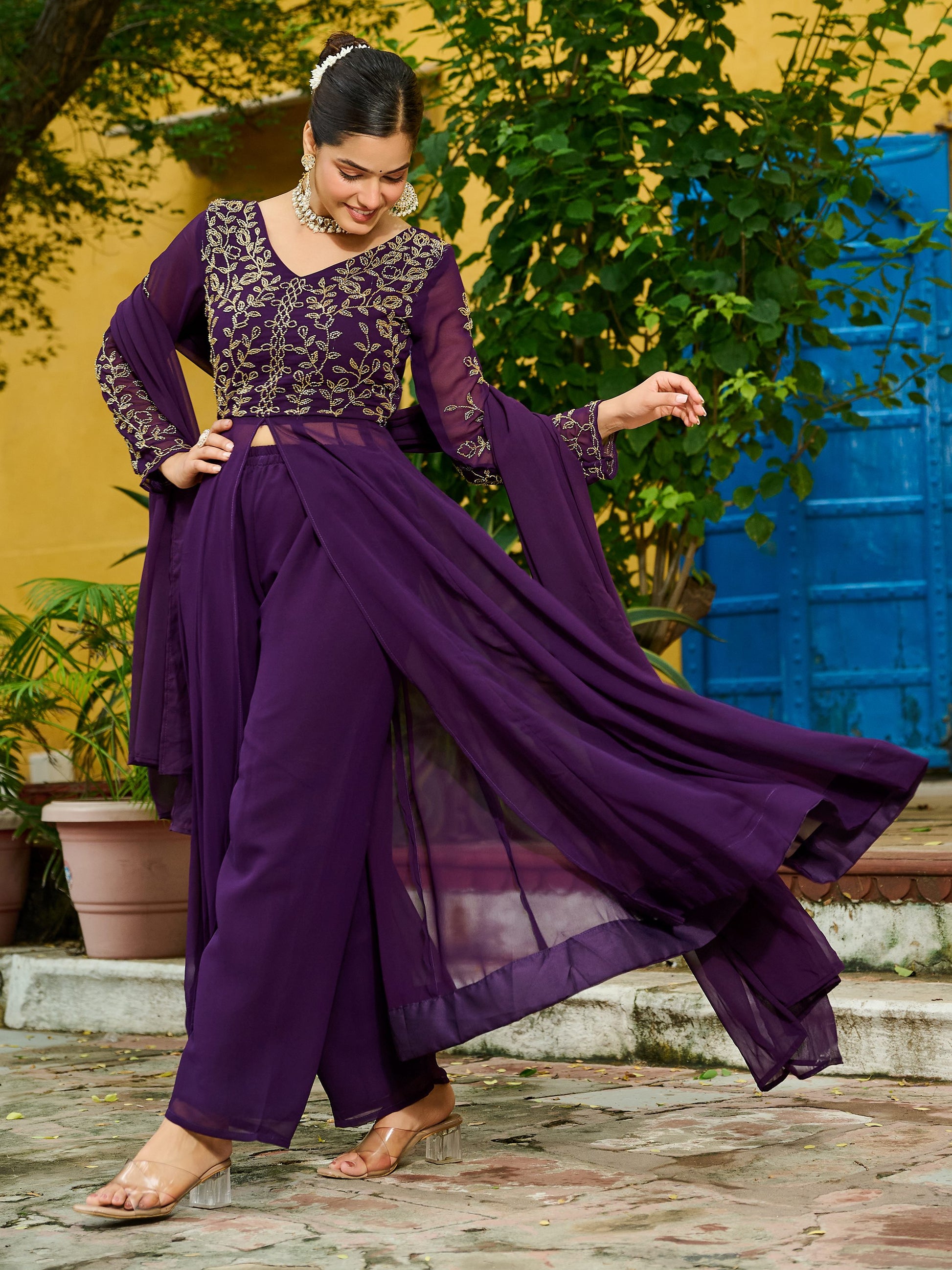 Stunning Purple Bead Work Georgette Festive Wear Pant Suit With Dupatta