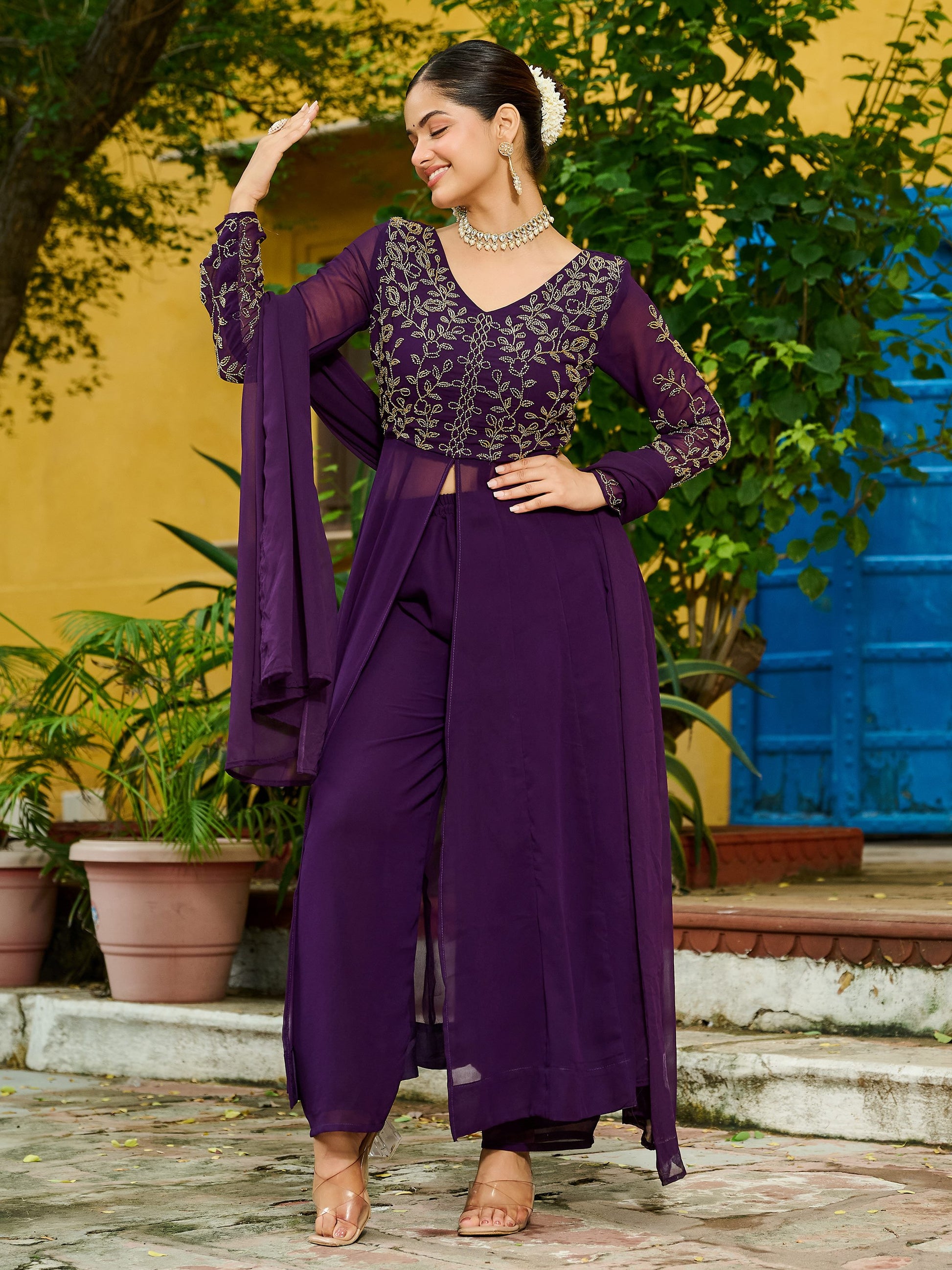 Stunning Purple Bead Work Georgette Festive Wear Pant Suit With Dupatta