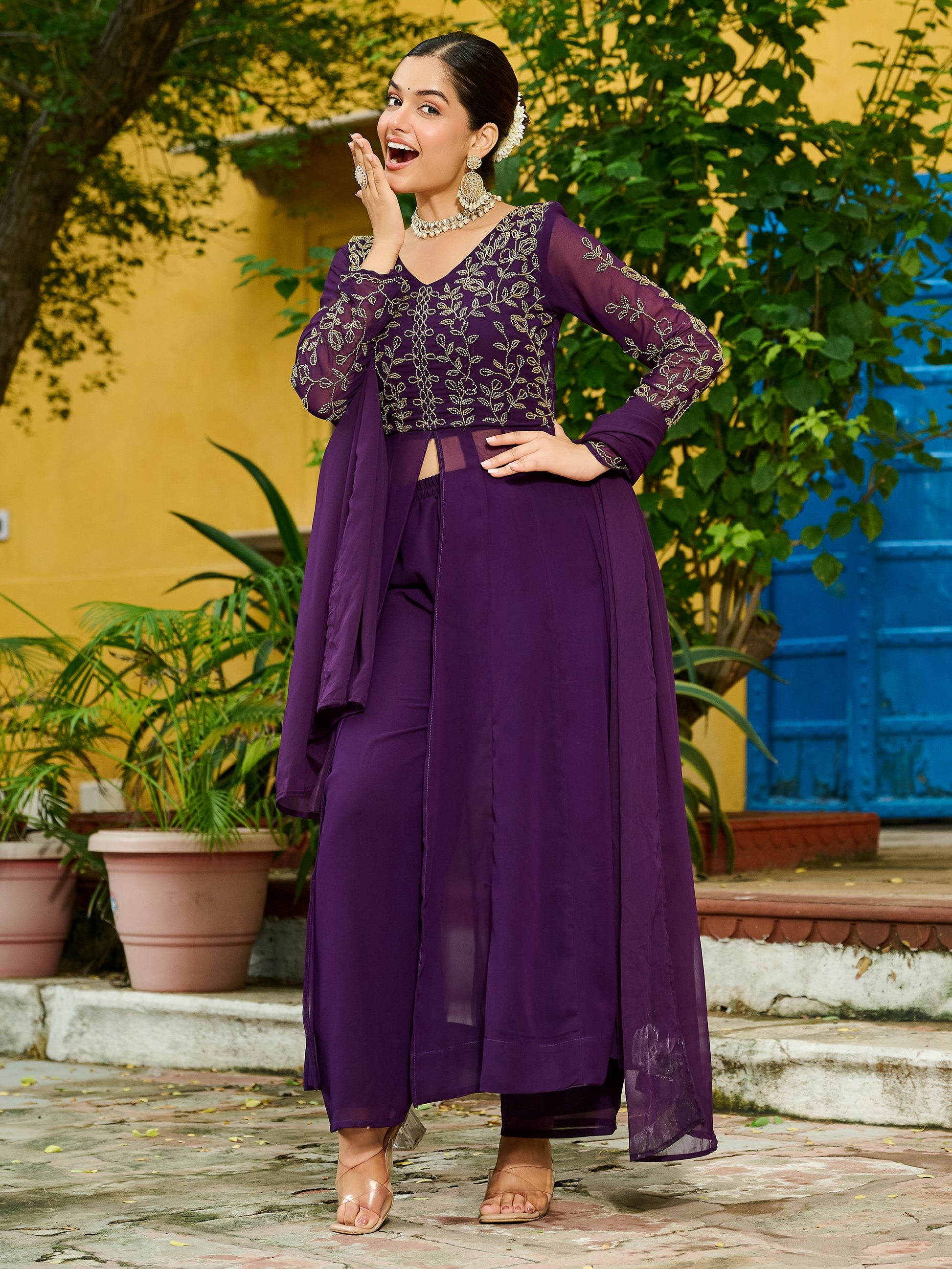 Stunning Purple Bead Work Georgette Festive Wear Pant Suit With Dupatta