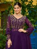 Stunning Purple Bead Work Georgette Festive Wear Pant Suit With Dupatta