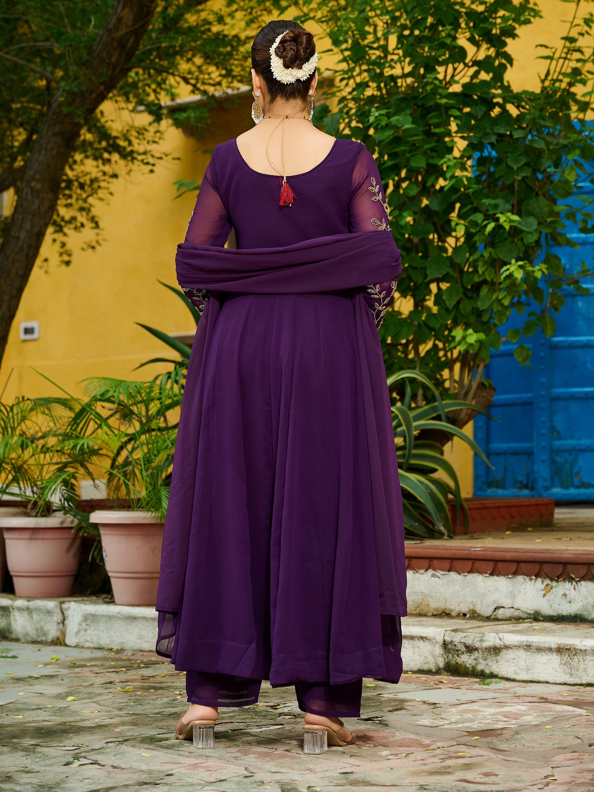 Stunning Purple Bead Work Georgette Festive Wear Pant Suit With Dupatta