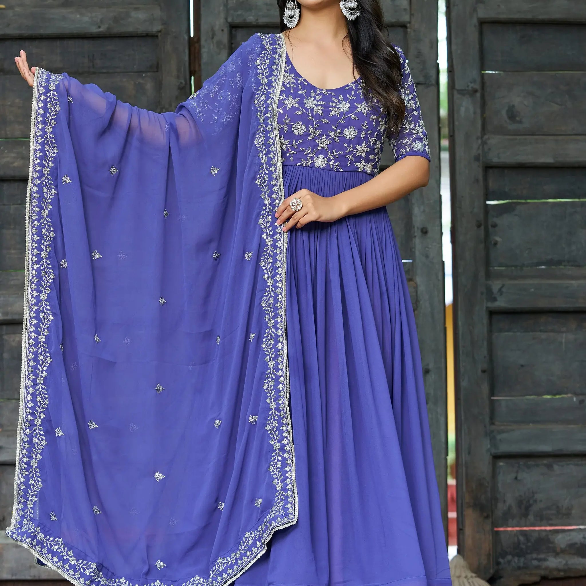 Beautiful Blue Bead Embroidered Georgette Function Wear Gown With Dupatta