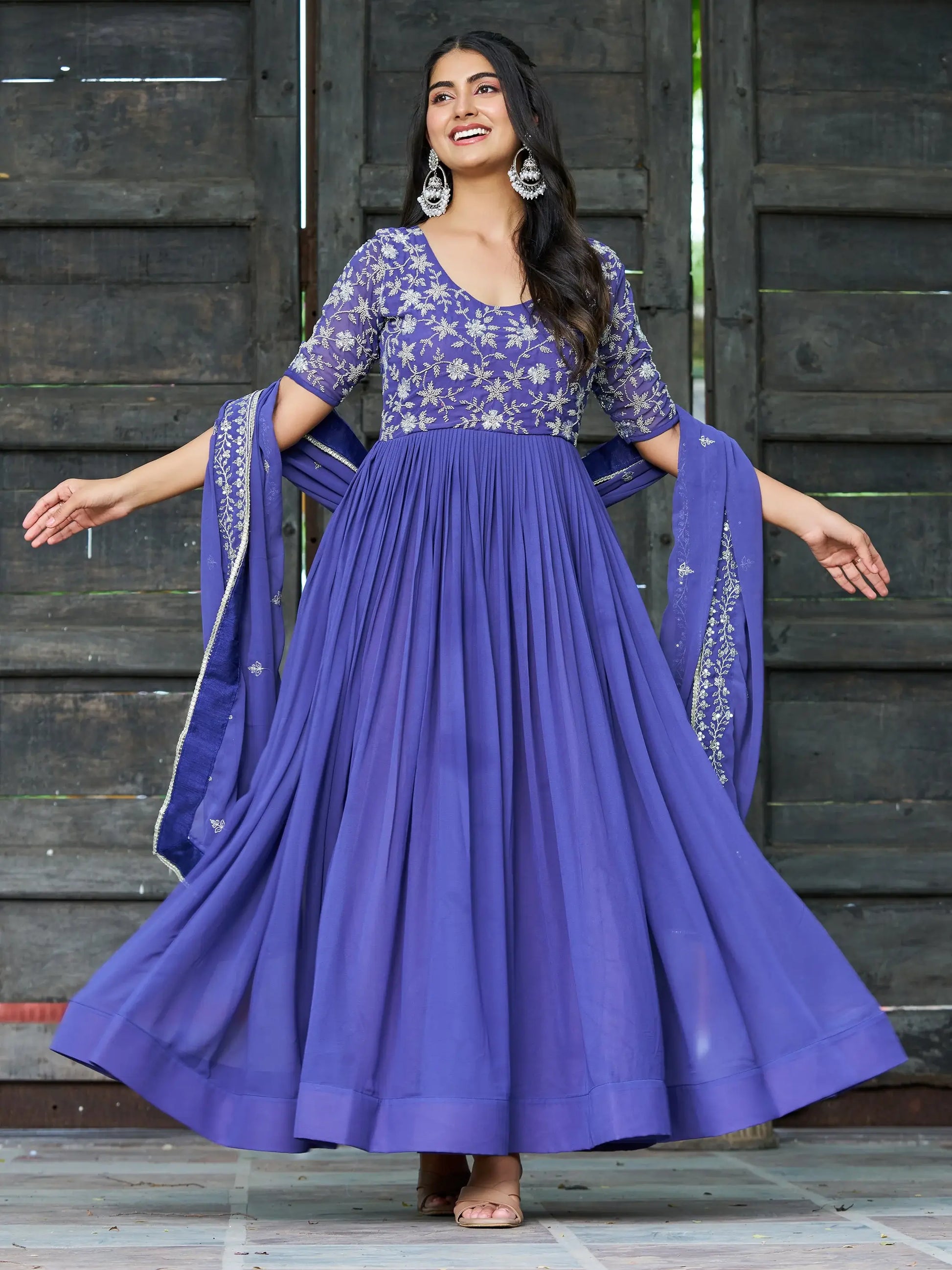 Beautiful Blue Bead Embroidered Georgette Function Wear Gown With Dupatta