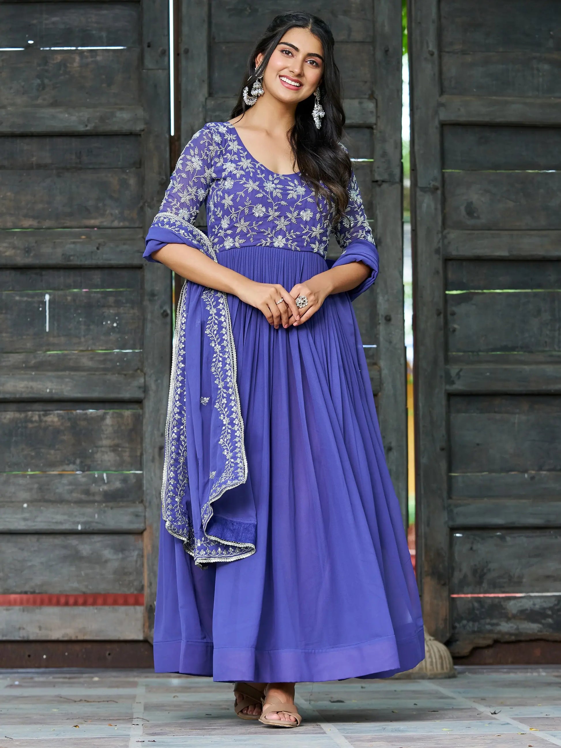 Beautiful Blue Bead Embroidered Georgette Function Wear Gown With Dupatta