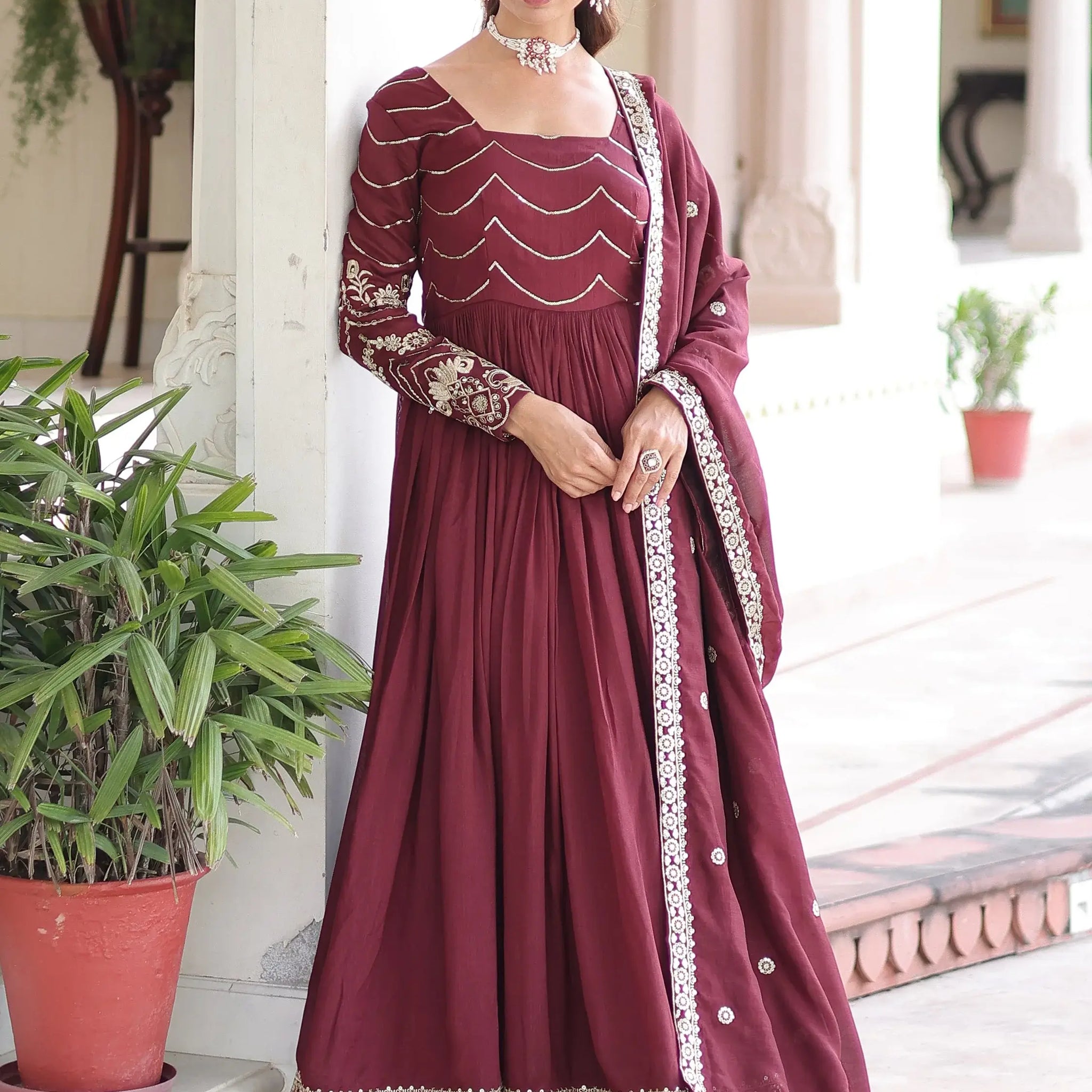 Adorable Maroon Sequins Work Silk Wedding Wear Gown With Dupatta