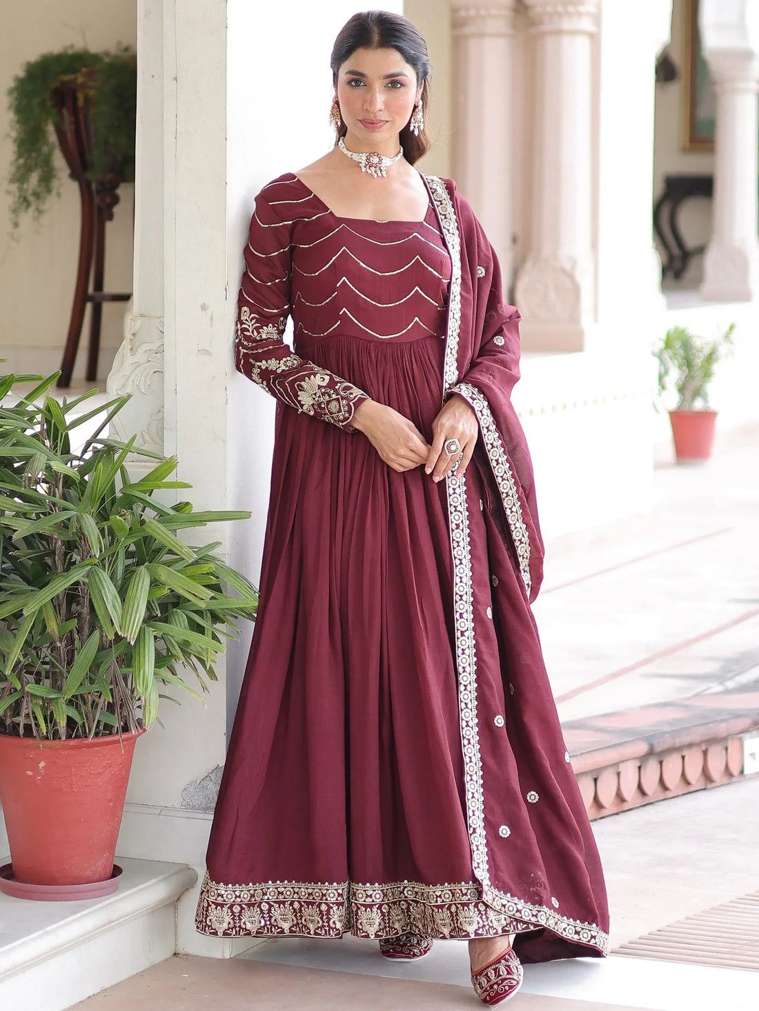 Adorable Maroon Sequins Work Silk Wedding Wear Gown With Dupatta