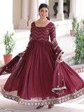 Adorable Maroon Sequins Work Silk Wedding Wear Gown With Dupatta