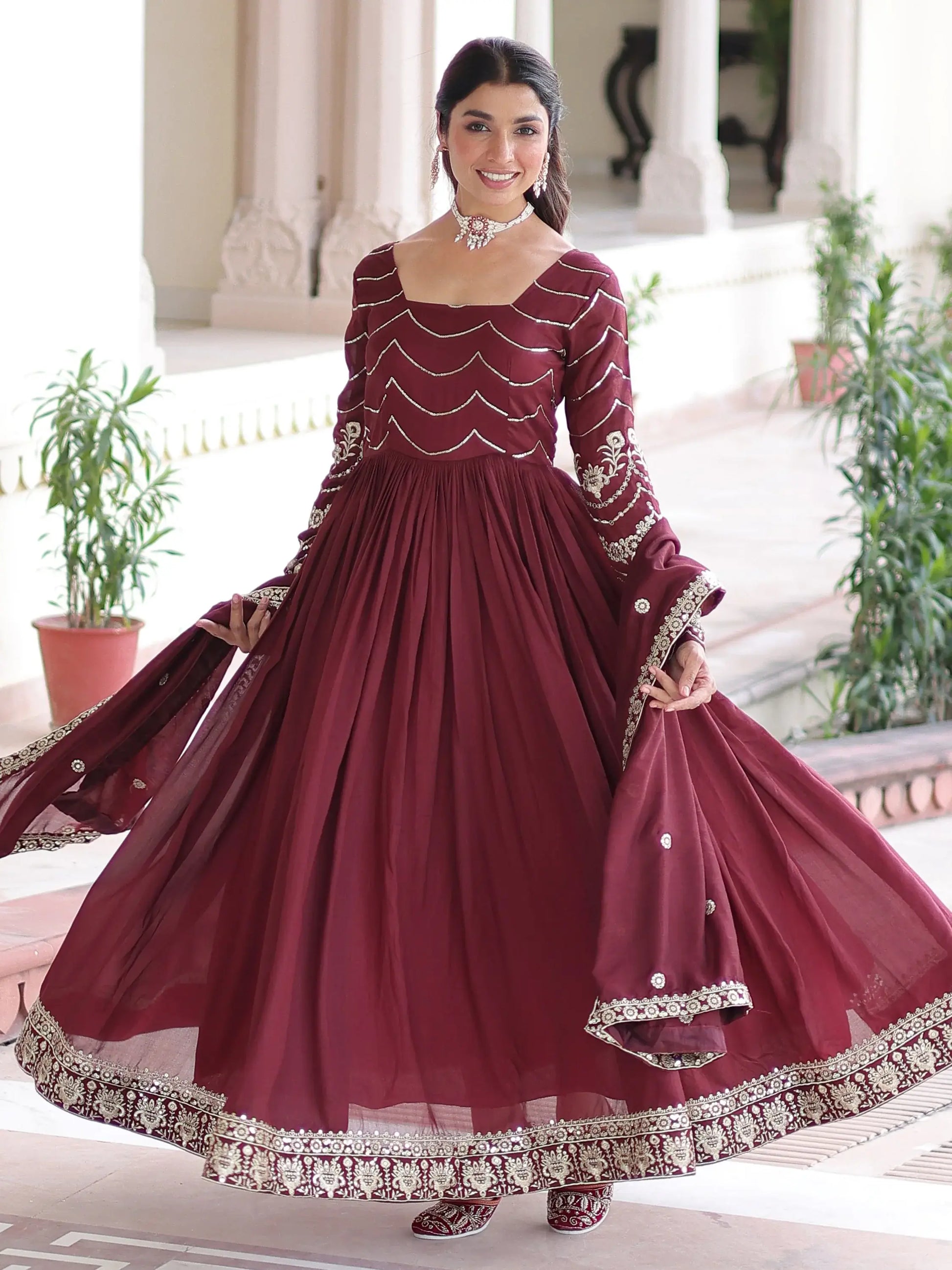Adorable Maroon Sequins Work Silk Wedding Wear Gown With Dupatta
