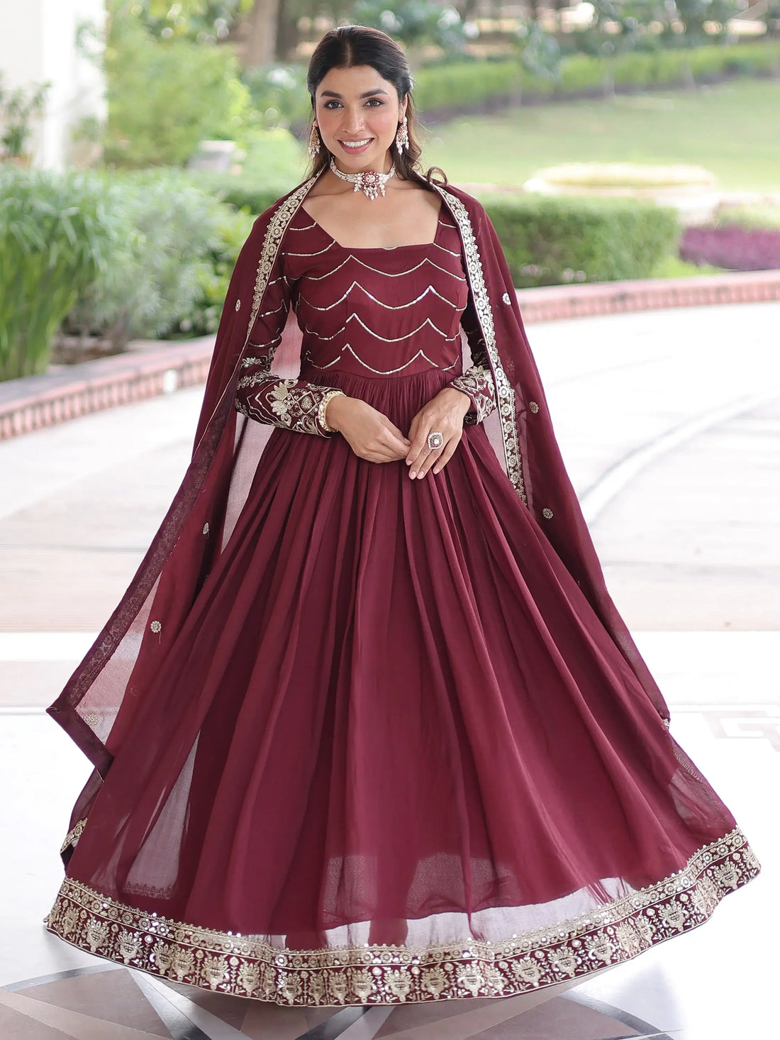 Adorable Maroon Sequins Work Silk Wedding Wear Gown With Dupatta