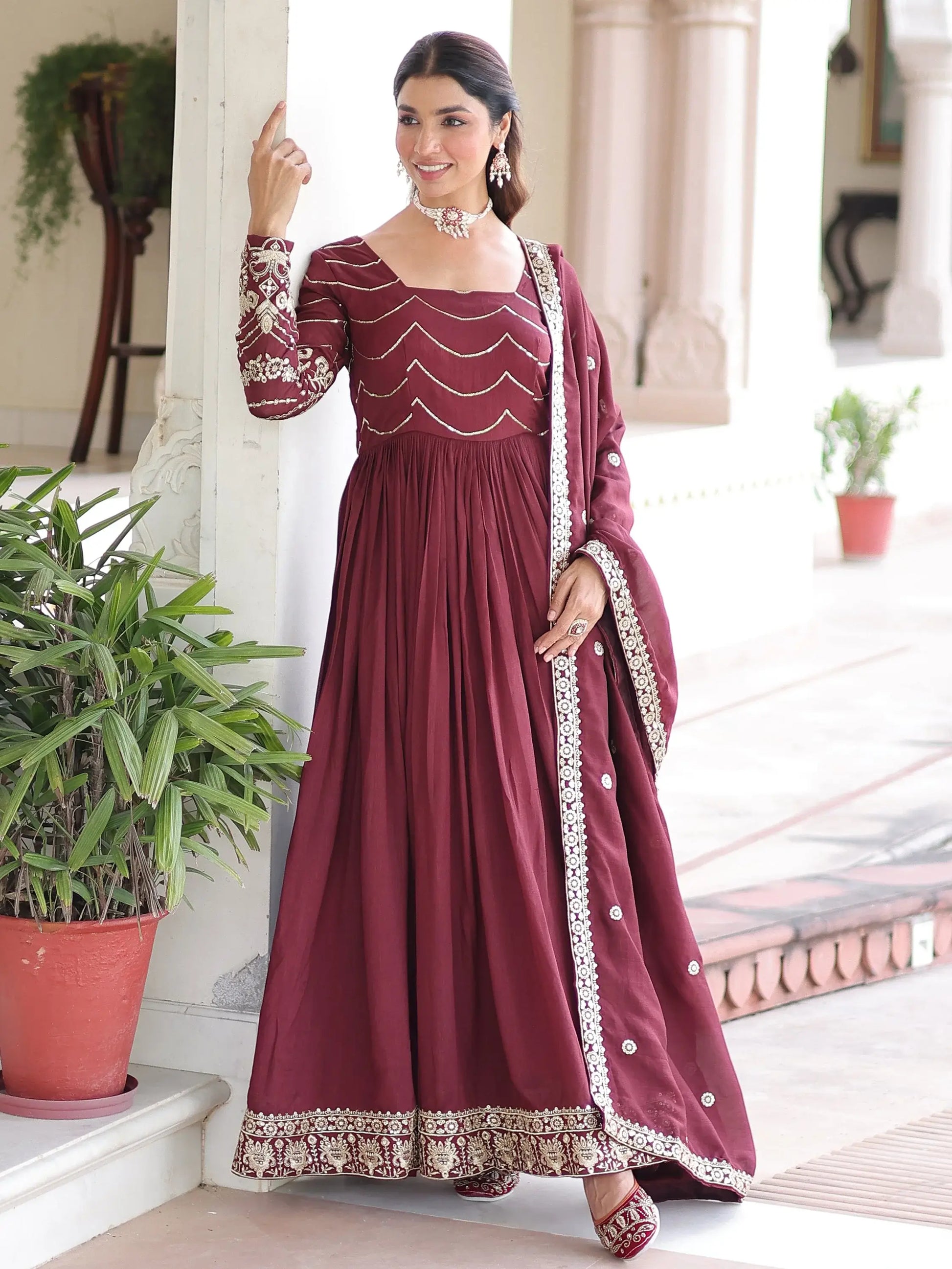 Adorable Maroon Sequins Work Silk Wedding Wear Gown With Dupatta