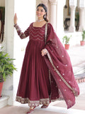 Adorable Maroon Sequins Work Silk Wedding Wear Gown With Dupatta