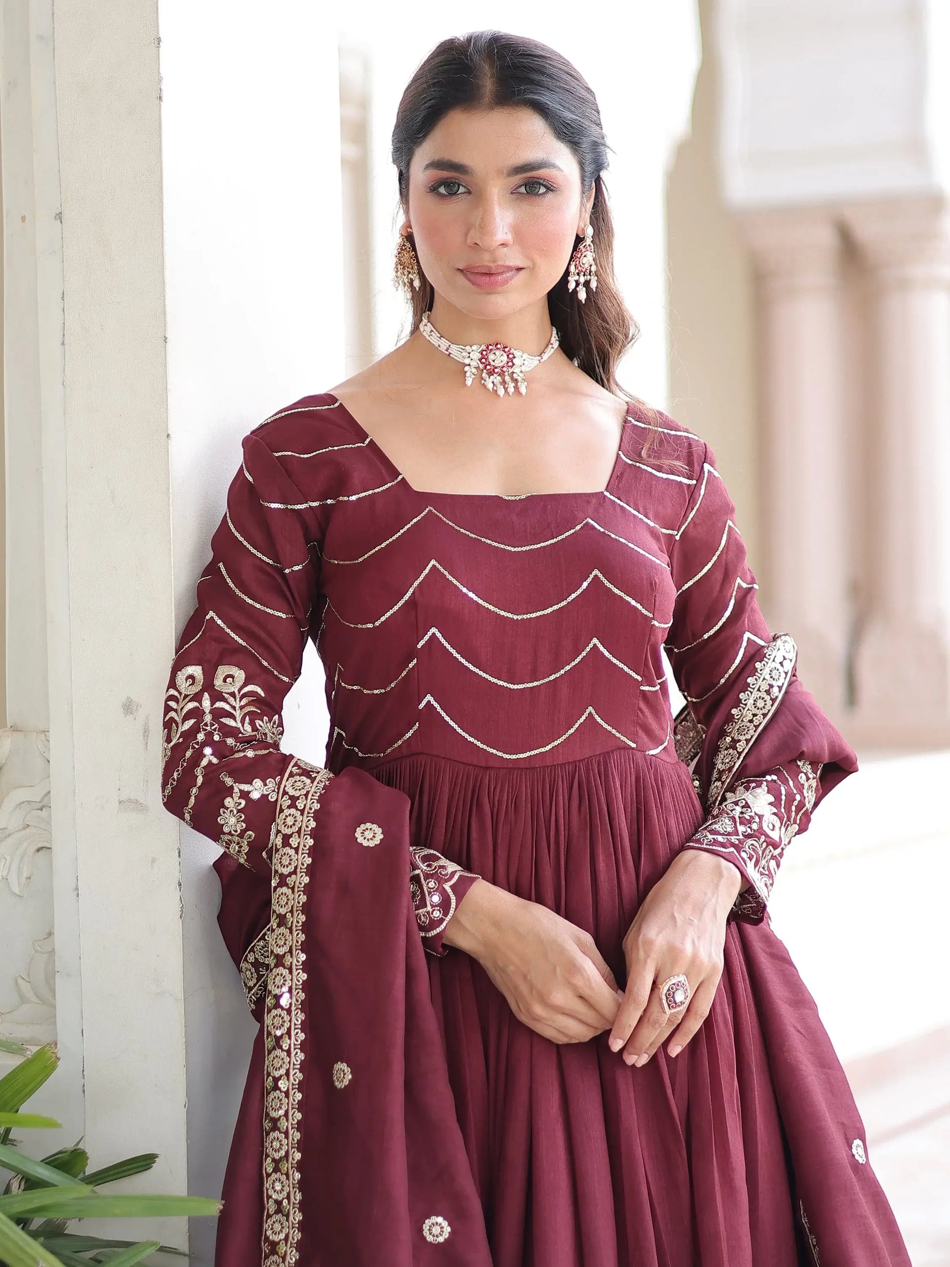 Adorable Maroon Sequins Work Silk Wedding Wear Gown With Dupatta