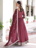 Adorable Maroon Sequins Work Silk Wedding Wear Gown With Dupatta