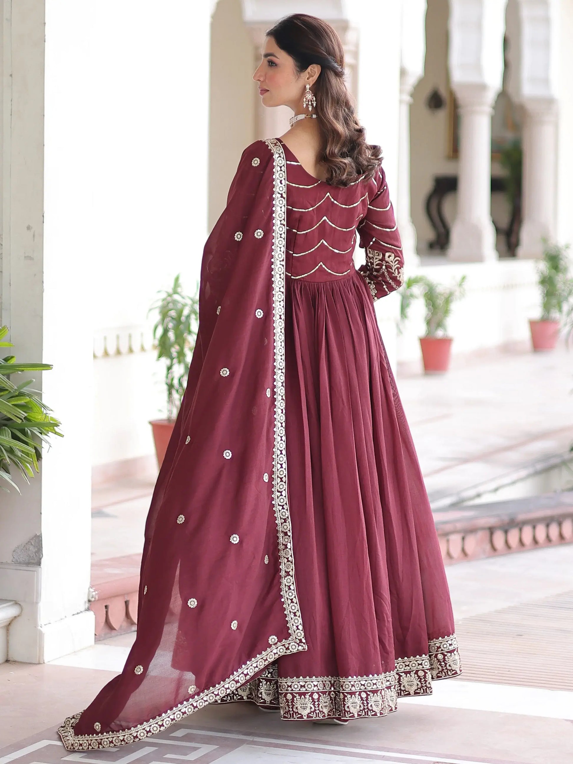 Adorable Maroon Sequins Work Silk Wedding Wear Gown With Dupatta