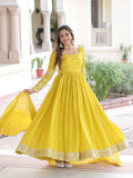Classic Yellow Embroidered Silk Haldi Wear Gown With Dupatta