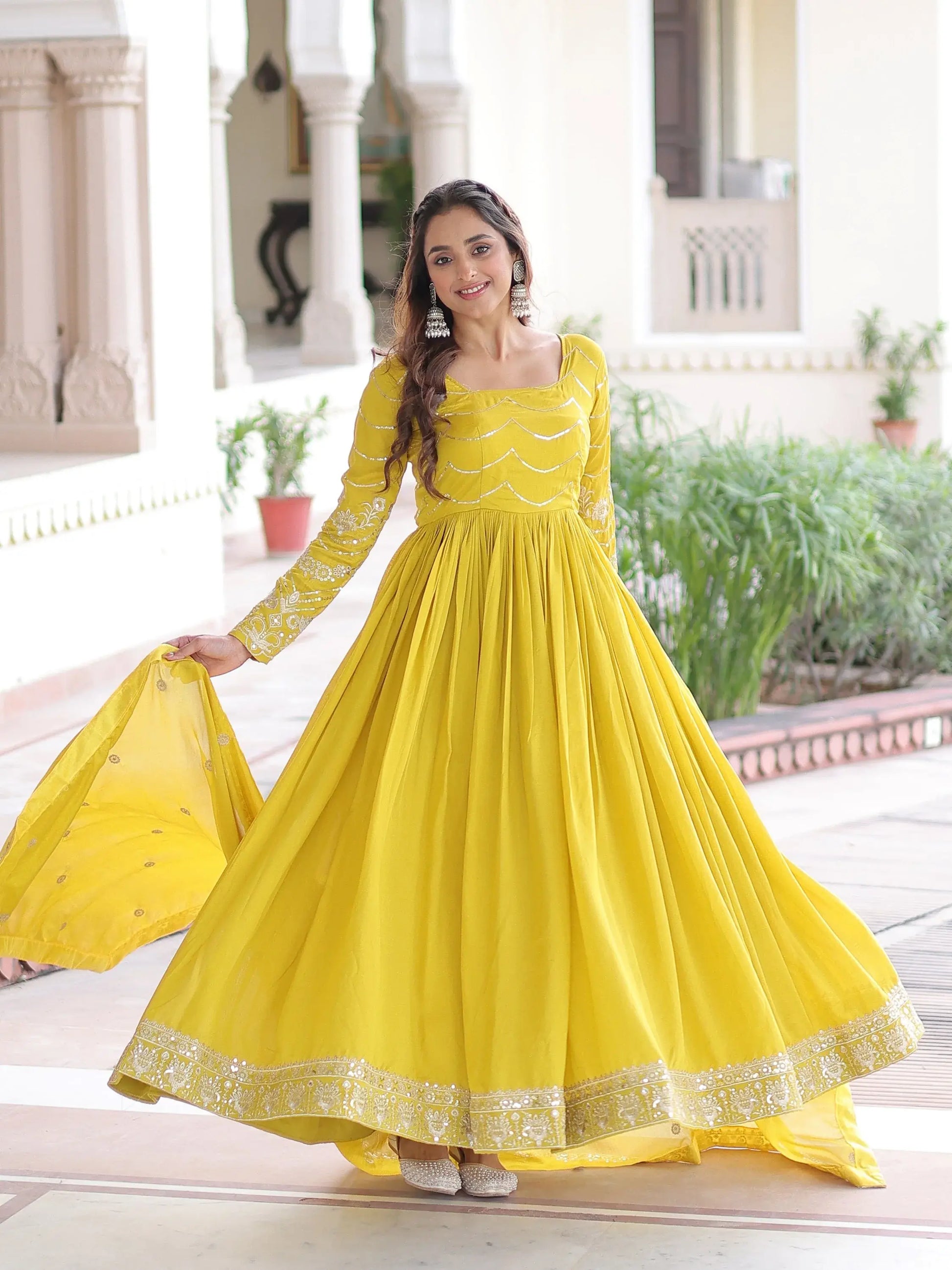 Classic Yellow Embroidered Silk Haldi Wear Gown With Dupatta