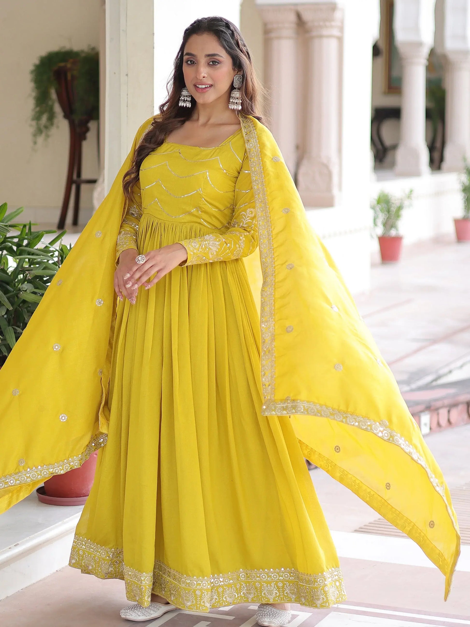 Classic Yellow Embroidered Silk Haldi Wear Gown With Dupatta