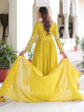 Classic Yellow Embroidered Silk Haldi Wear Gown With Dupatta