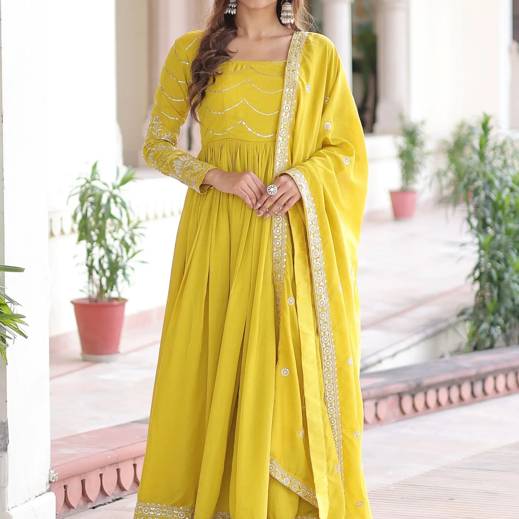 Classic Yellow Embroidered Silk Haldi Wear Gown With Dupatta