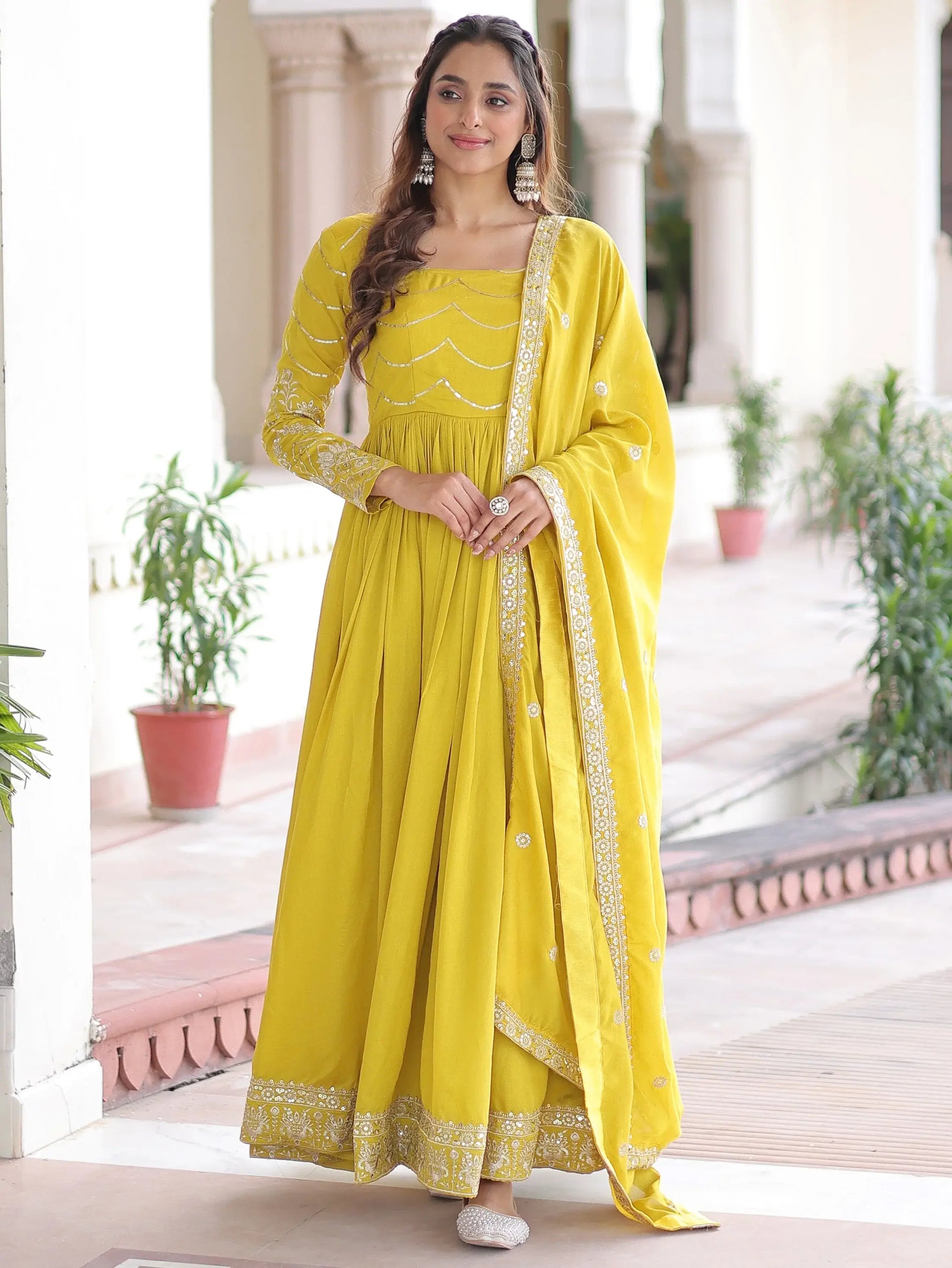 Classic Yellow Embroidered Silk Haldi Wear Gown With Dupatta